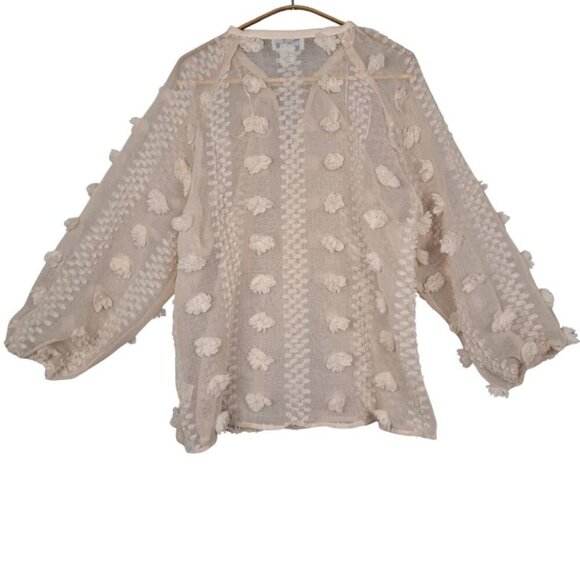 NEW Calypso St Barth Boho 3D Pom Floral Cream Semi Sheer Peasant Blouse Size L - Picture 3 of 9